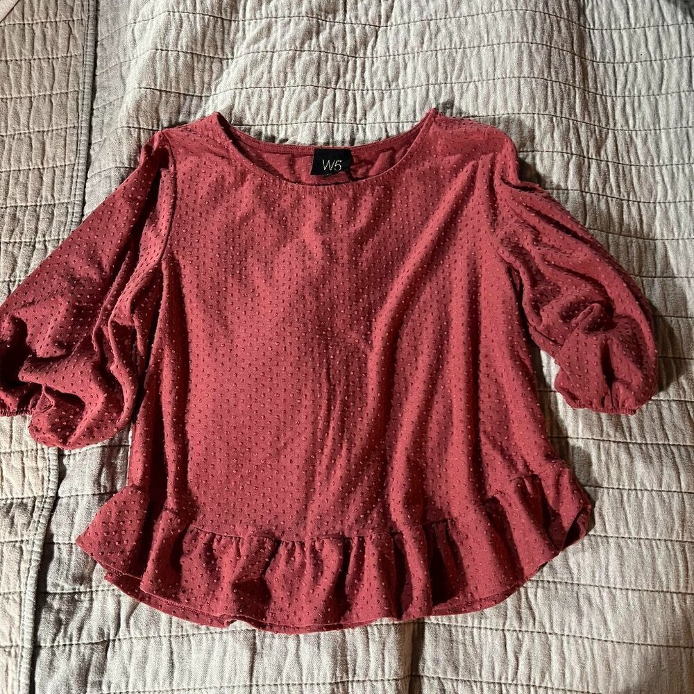 W5 Womens Red Swiss Dot 3/4 Sleeve Ruffle Peplum Pullover Blouse Size L